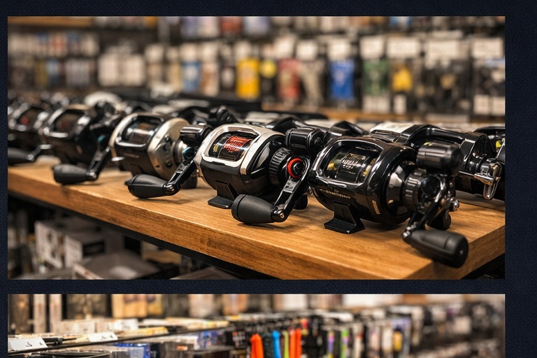 Row of fishing reels on counter